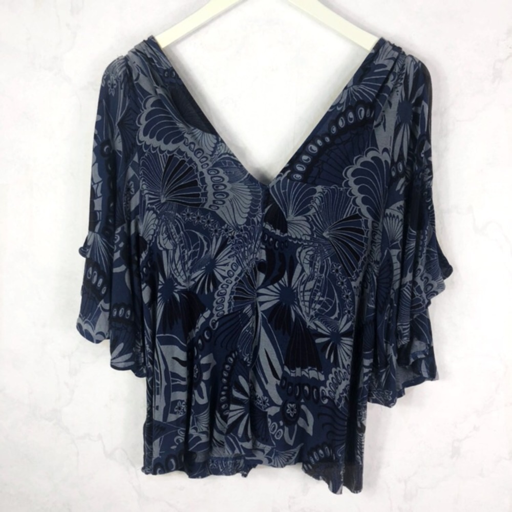 [Free People] Blue Printed Cold Shoulder Top